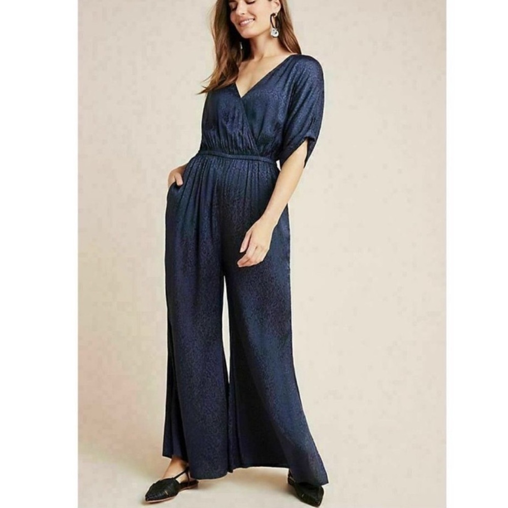 Anthropologie Maeve Size XS Navy Blue Satin Leopard Print Wide Leg Jumpsuit Boho